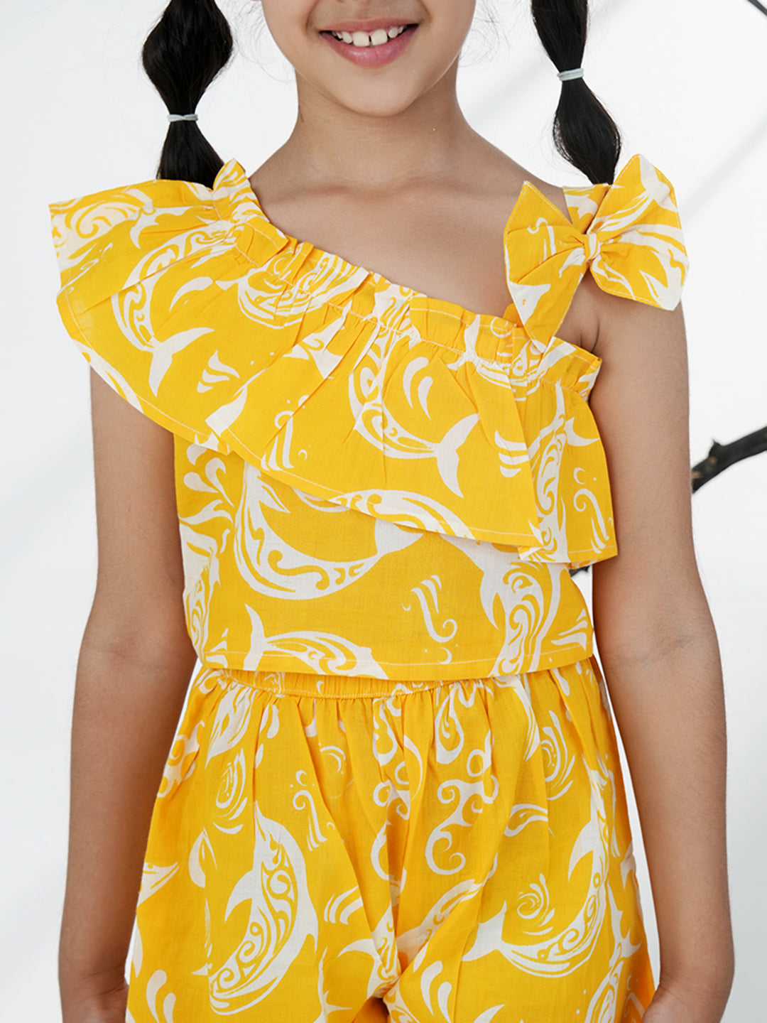 Yellow Cotton Sleeveless Dolphin Printed Girls Co-Ords - AJ Dezines