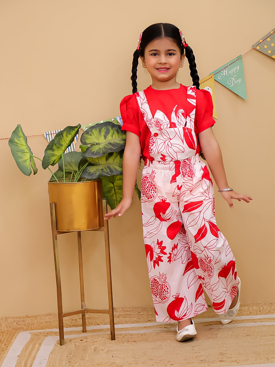 Red Cotton Half Sleeves Floral Dungaree Co-Ords for Girls - AJ Dezines