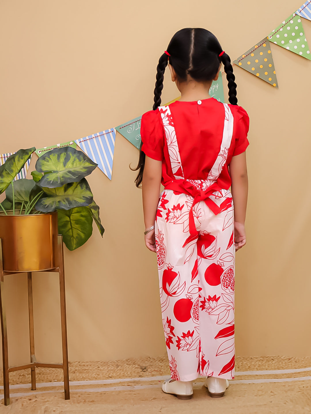 Red Cotton Half Sleeves Floral Dungaree Co-Ords for Girls - AJ Dezines