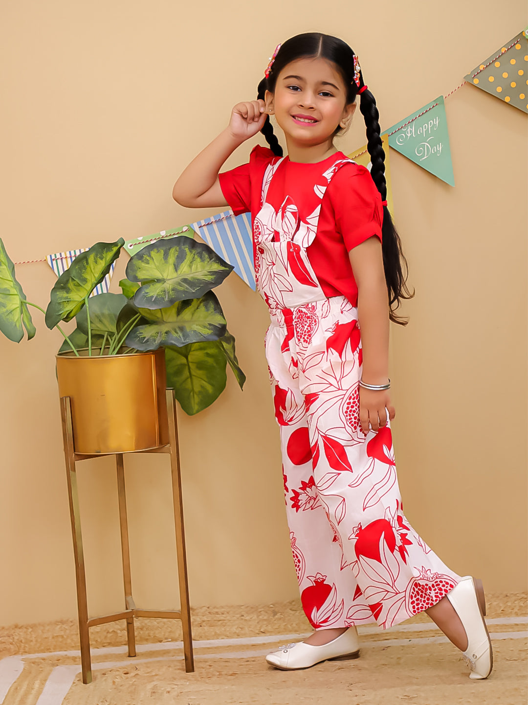 Red Cotton Half Sleeves Floral Dungaree Co-Ords for Girls - AJ Dezines
