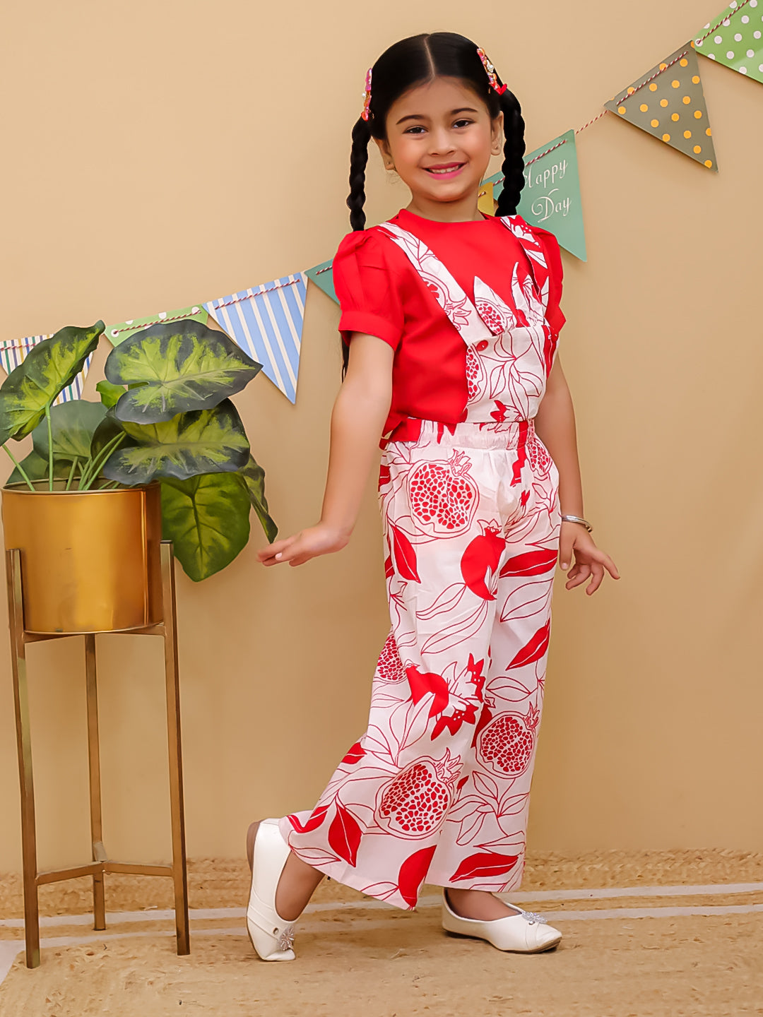 Red Cotton Half Sleeves Floral Dungaree Co-Ords for Girls - AJ Dezines