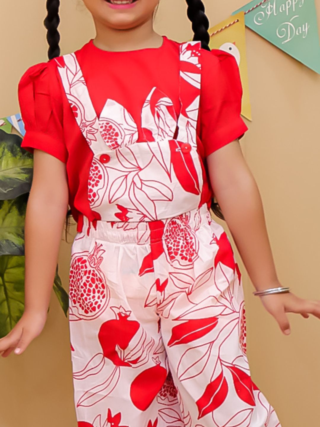 Red Cotton Half Sleeves Floral Dungaree Co-Ords for Girls - AJ Dezines