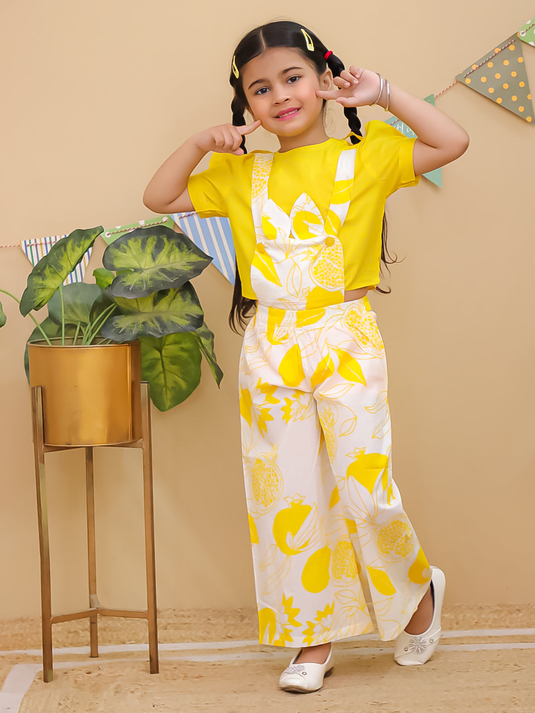 Yellow Cotton Half Sleeves Floral Dungaree Co-Ords for Girls - AJ Dezines