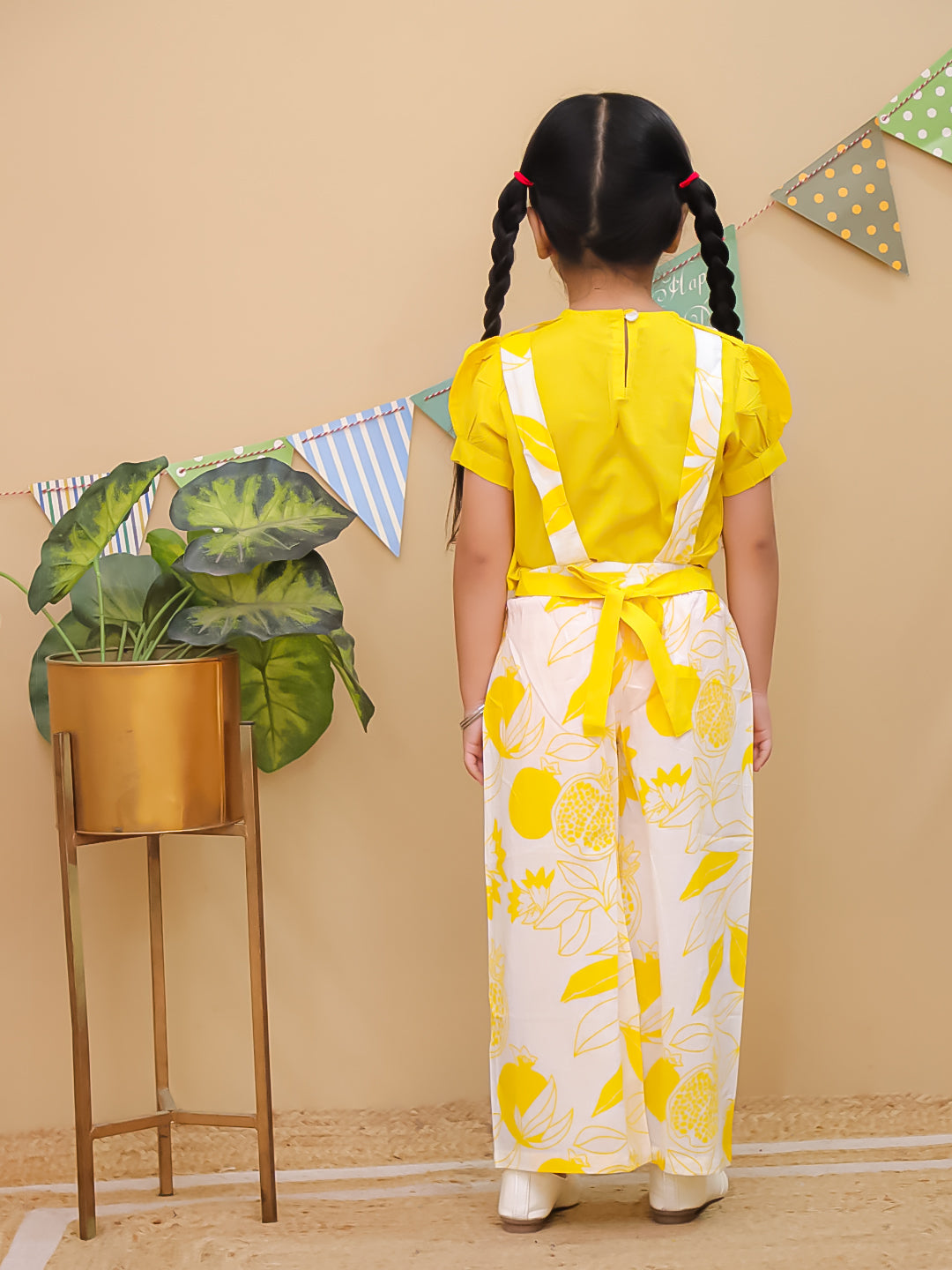 Yellow Cotton Half Sleeves Floral Dungaree Co-Ords for Girls - AJ Dezines