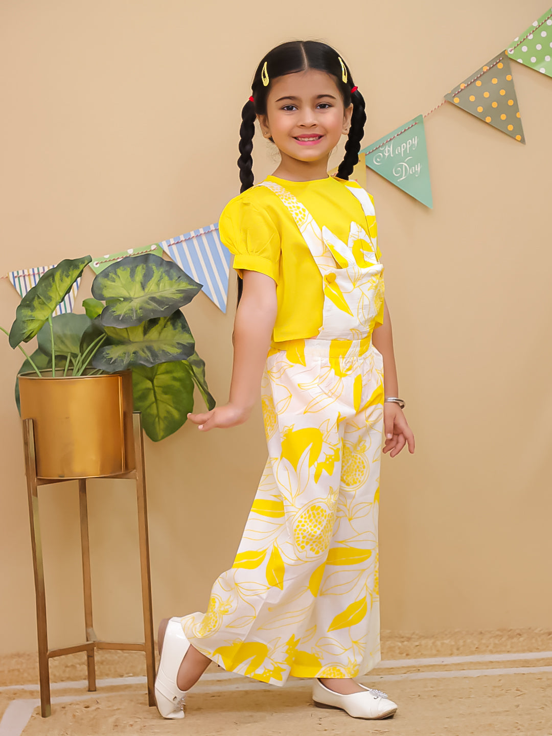 Yellow Cotton Half Sleeves Floral Dungaree Co-Ords for Girls - AJ Dezines