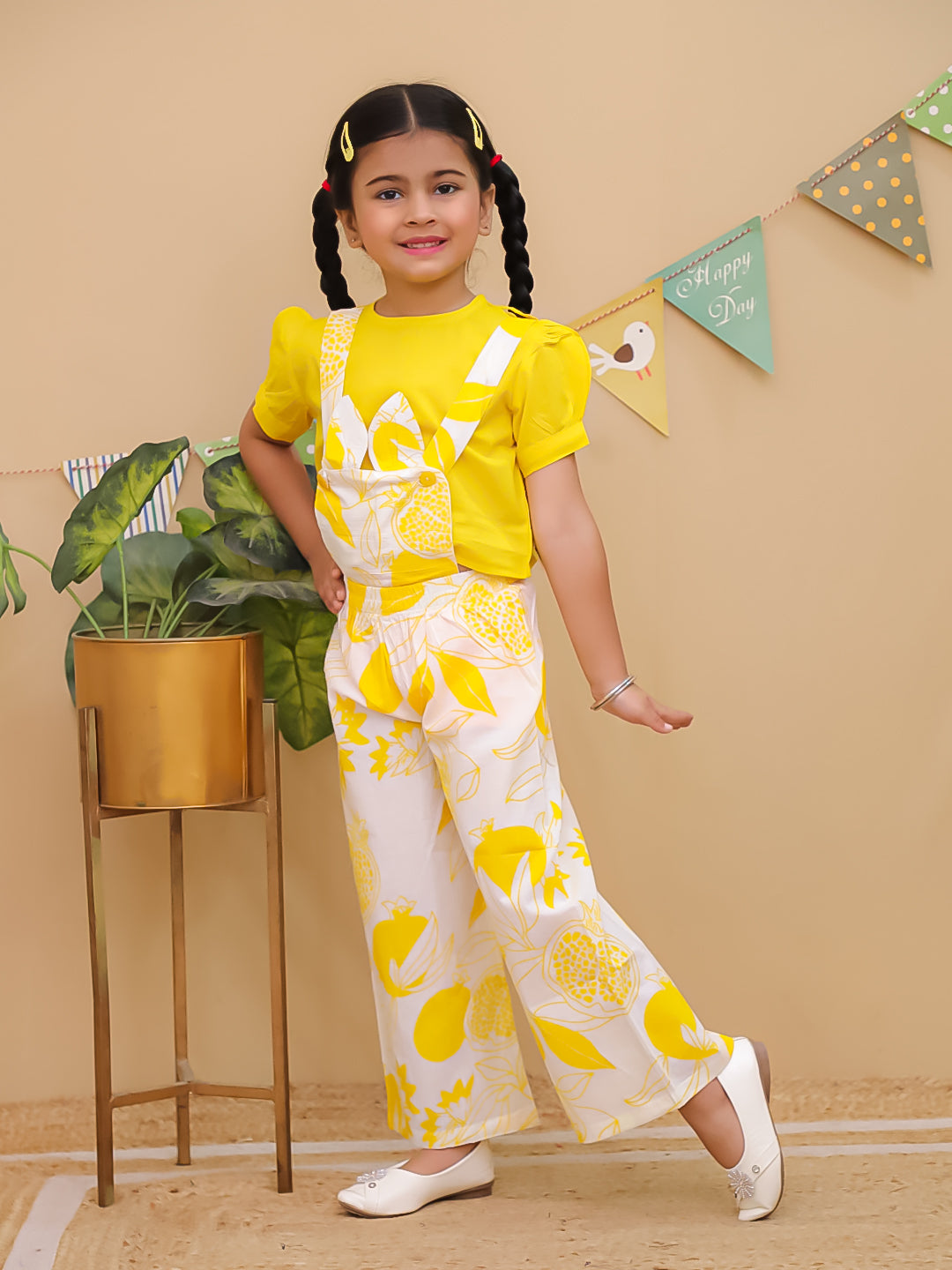 Yellow Cotton Half Sleeves Floral Dungaree Co-Ords for Girls - AJ Dezines