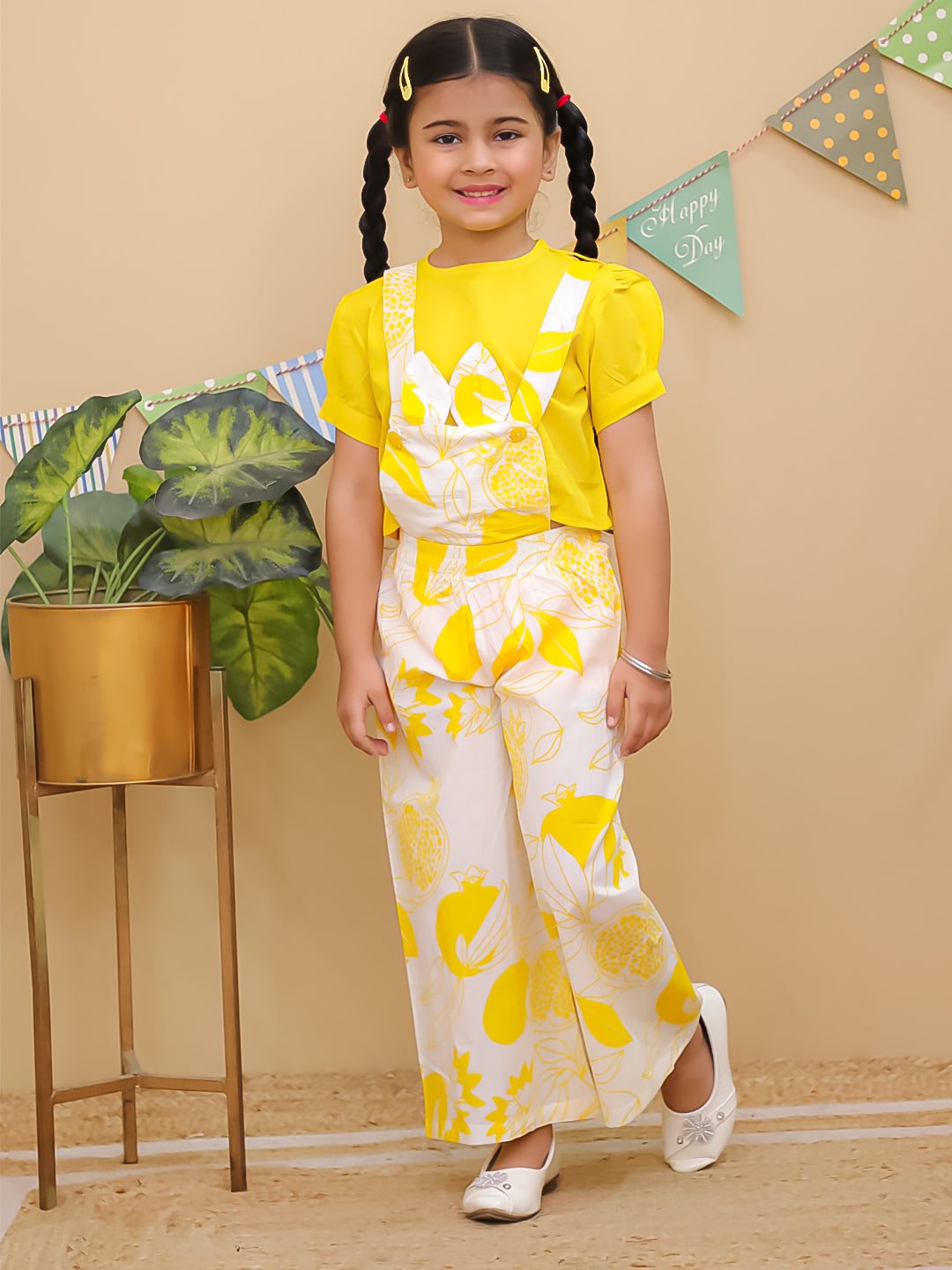 Yellow Cotton Half Sleeves Floral Dungaree Co-Ords for Girls - AJ Dezines