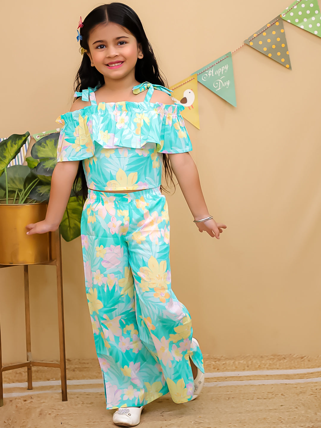 Blue Cotton Half Sleeves Floral Co-Ords for Girls - AJ Dezines