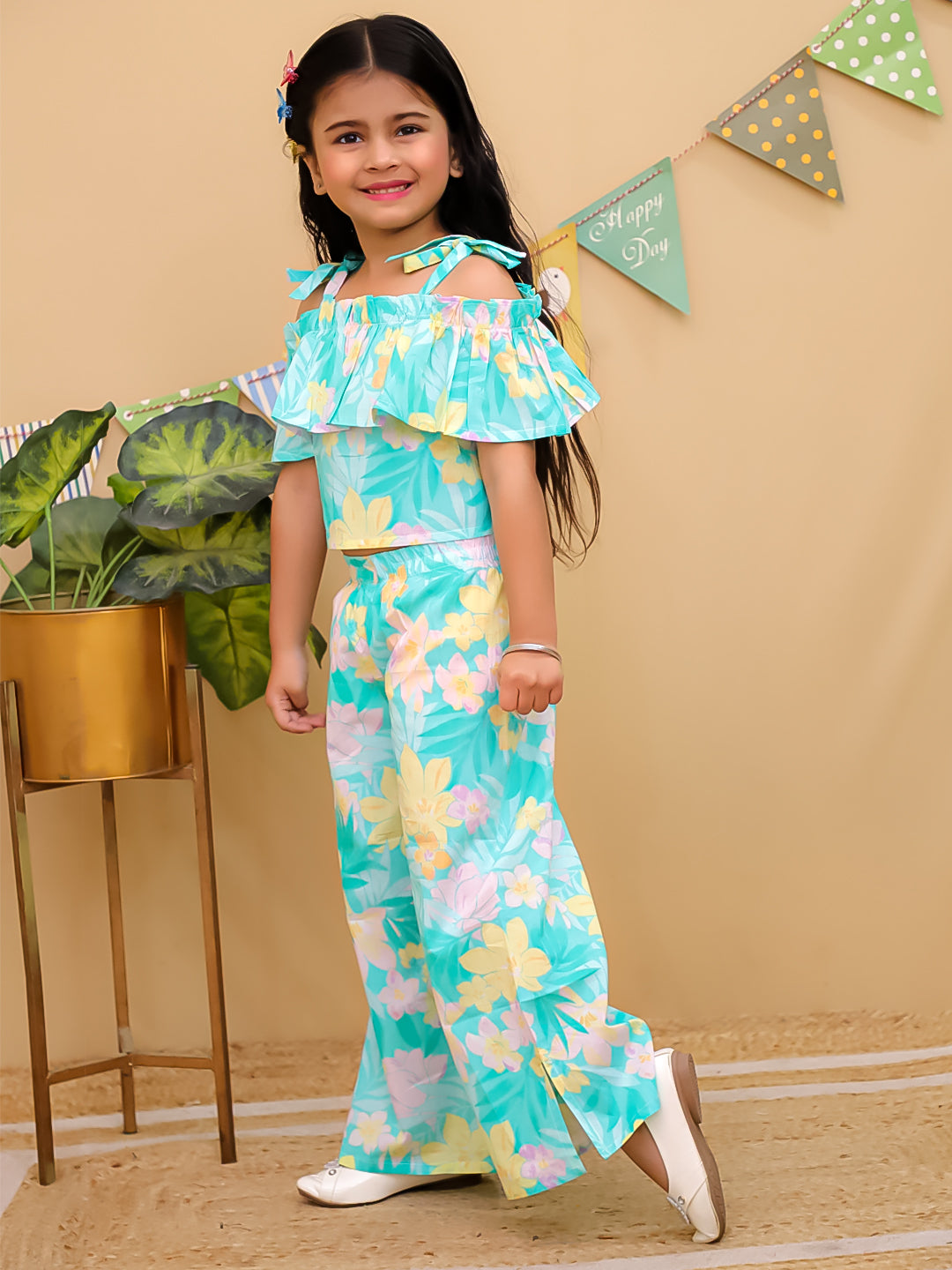Blue Cotton Half Sleeves Floral Co-Ords for Girls - AJ Dezines