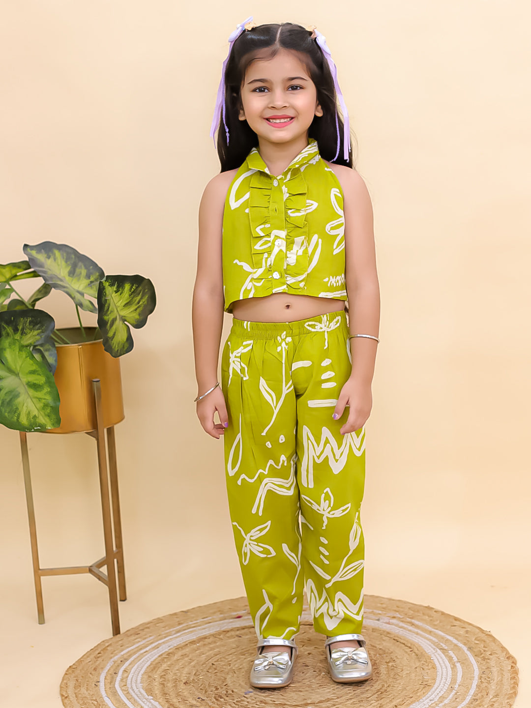 Green Cotton Sleeveless Floral Printed Girls Co-Ords - AJ Dezines