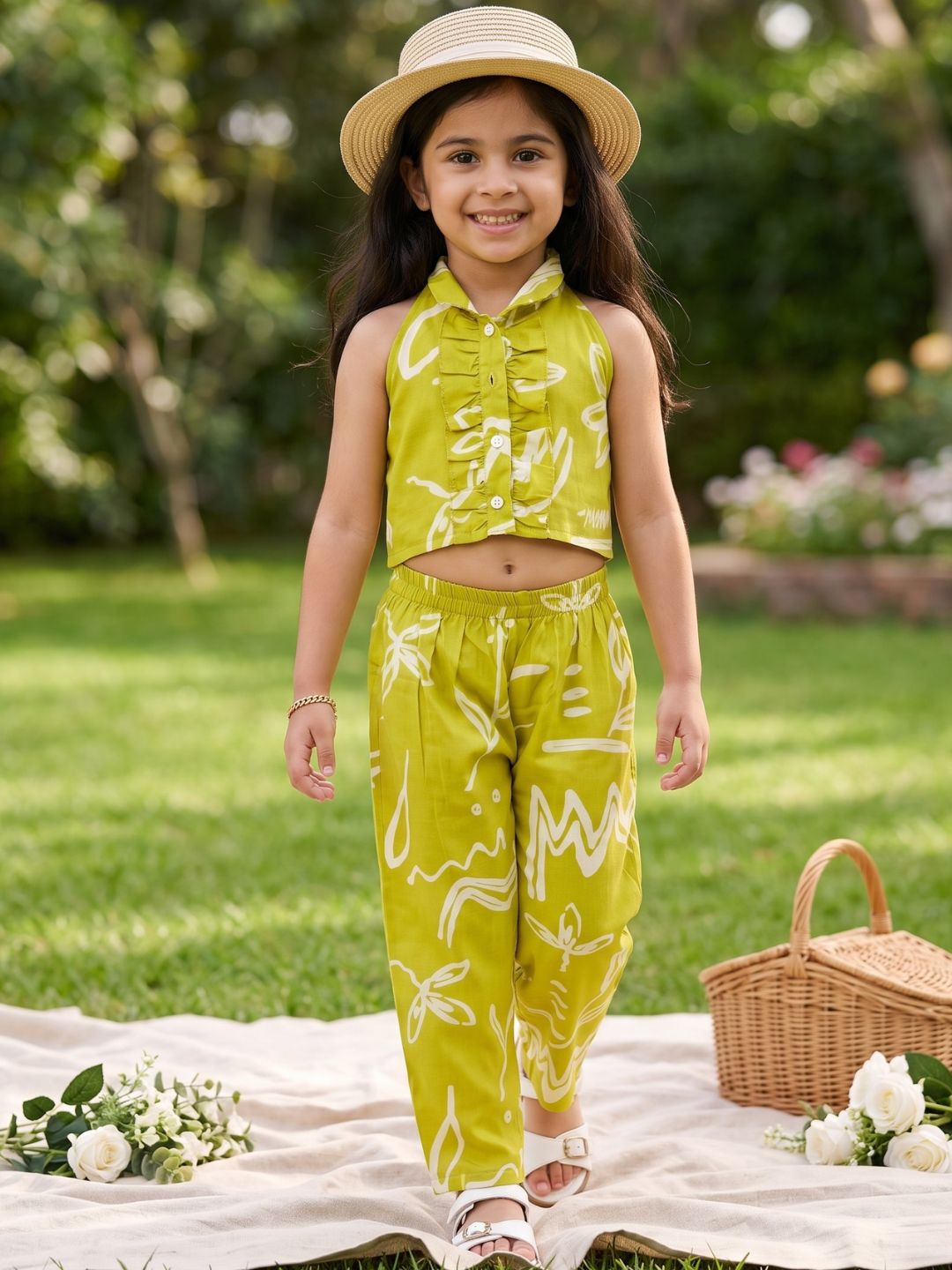 Green Cotton Sleeveless Floral Printed Girls Co-Ords