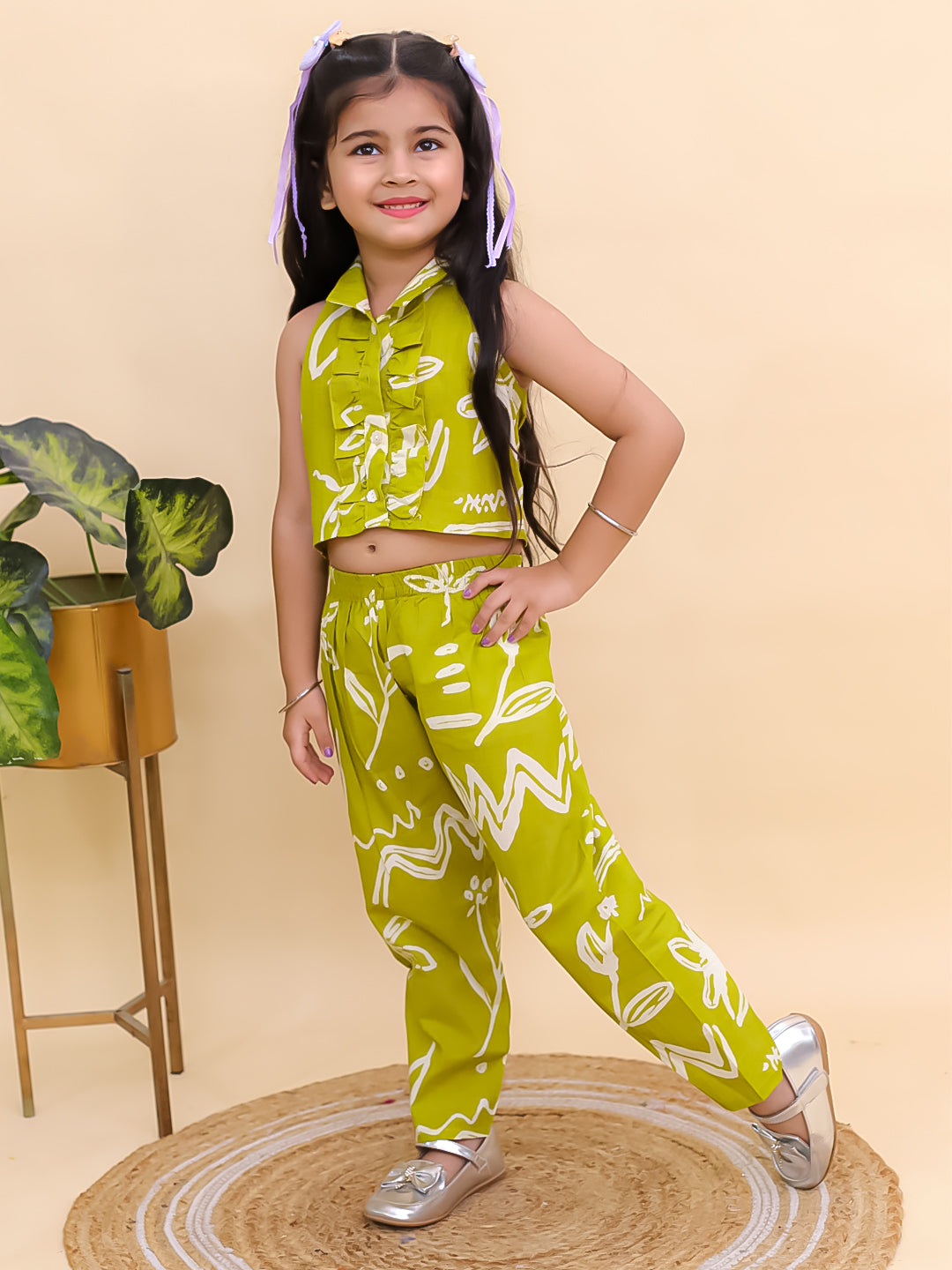 Green Cotton Sleeveless Floral Printed Girls Co-Ords - AJ Dezines