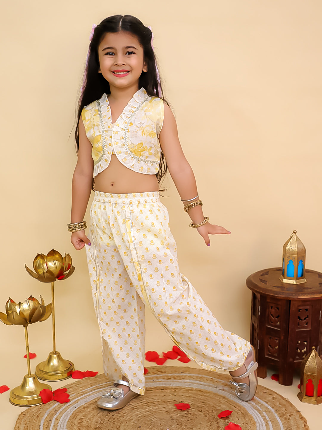 Mustard Cotton Sleeveless Floral Printed Girls Co-Ords - AJ Dezines