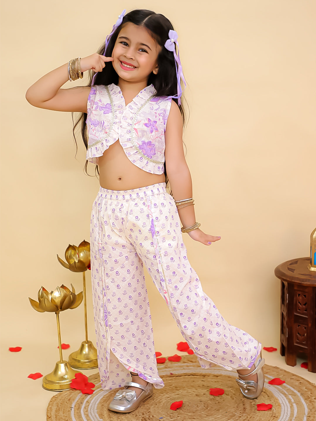 Purple Cotton Sleeveless Floral Print Stylish Casual Outfit Co-Ords Set For Kids Girls