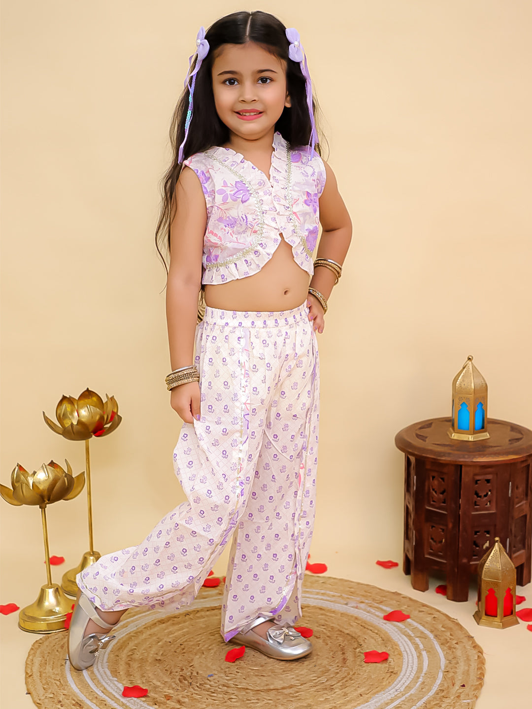 Purple Cotton Sleeveless Floral Print Stylish Casual Outfit Co-Ords Set For Kids Girls