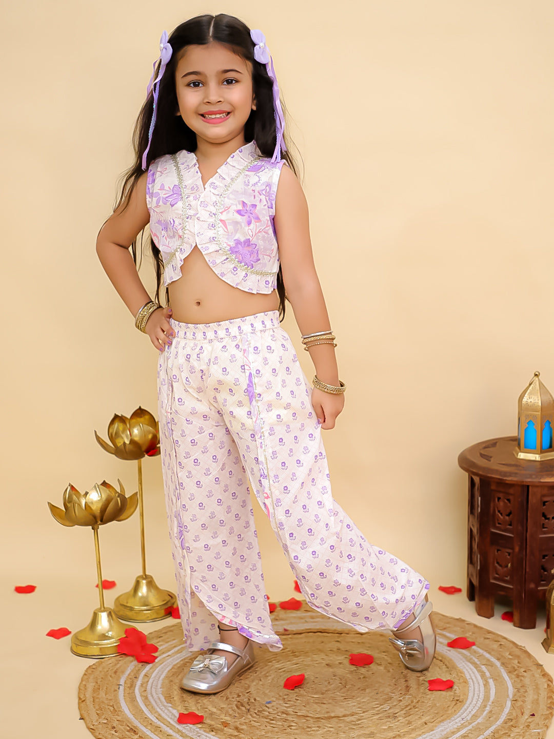 Purple Cotton Sleeveless Floral Print Stylish Casual Outfit Co-Ords Set For Kids Girls