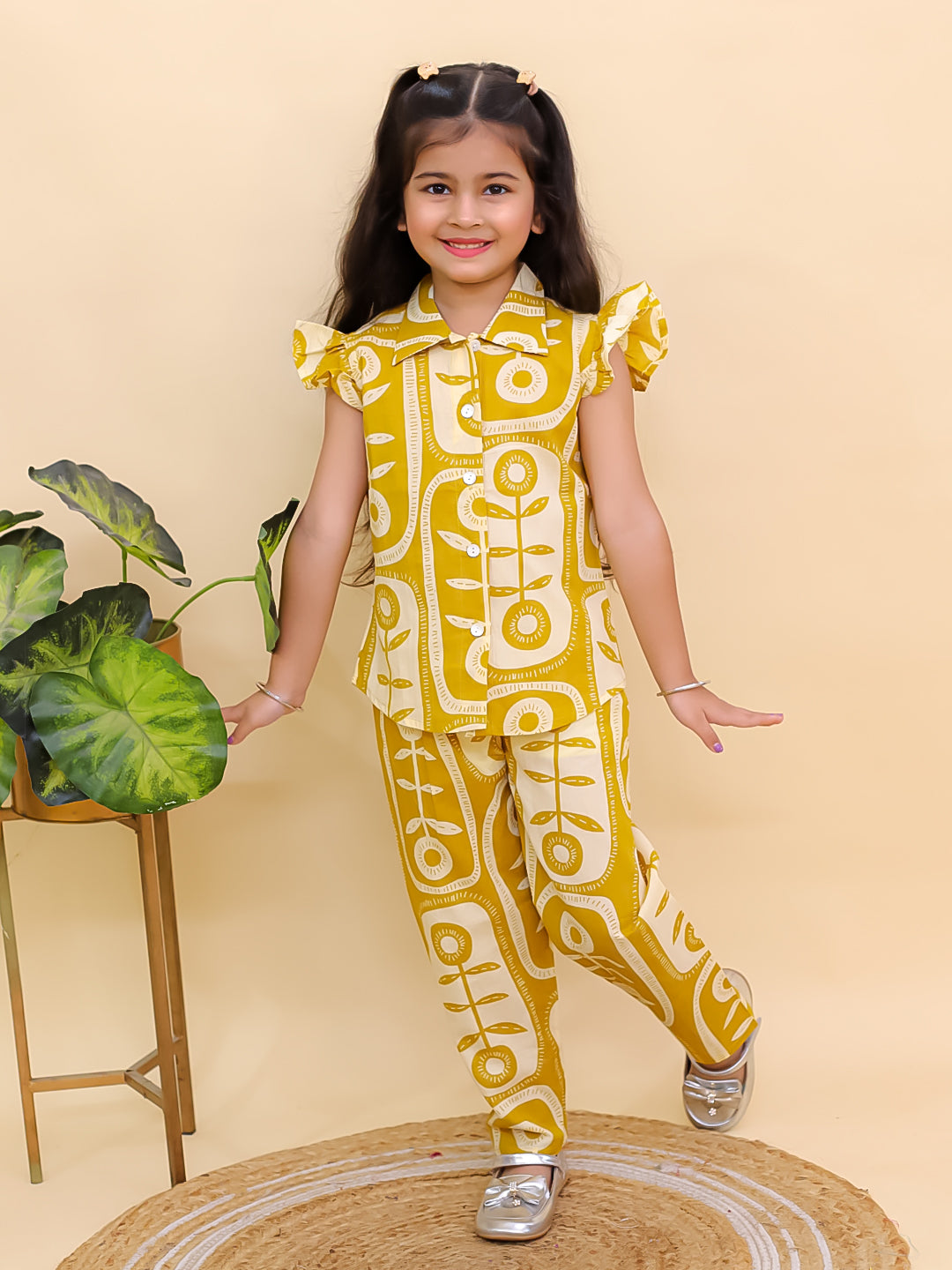 Mustard Yellow Cotton Sleeveless Big Floral Print Girls Co-Ords - AJ Dezines