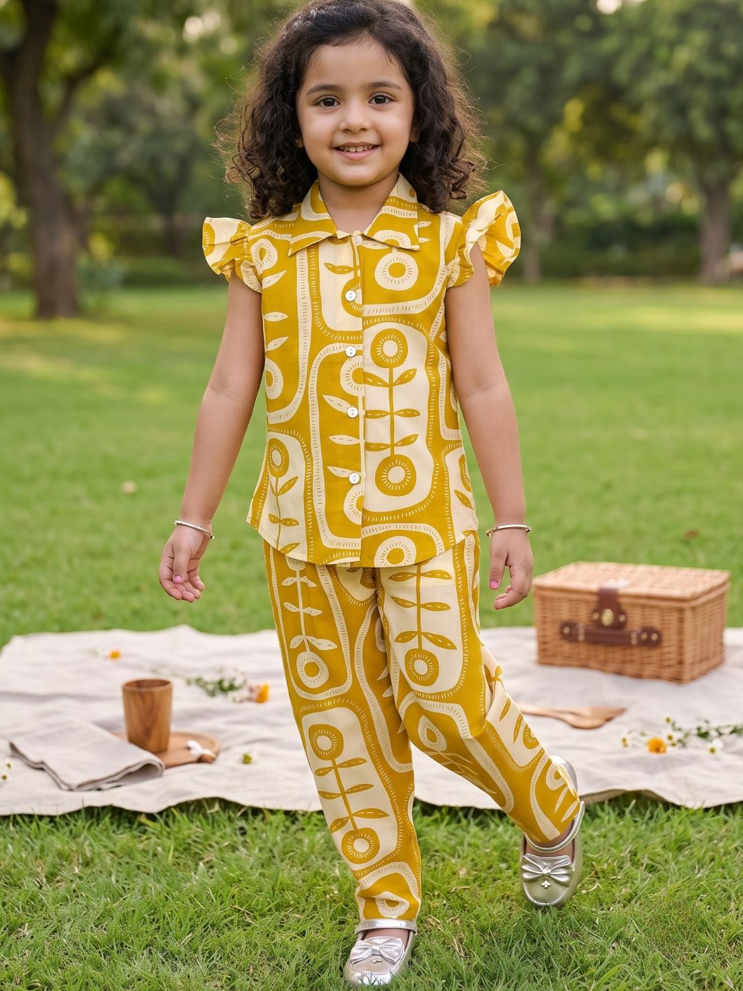 Mustard Yellow Cotton Sleeveless Big Floral Print Girls Co-Ords