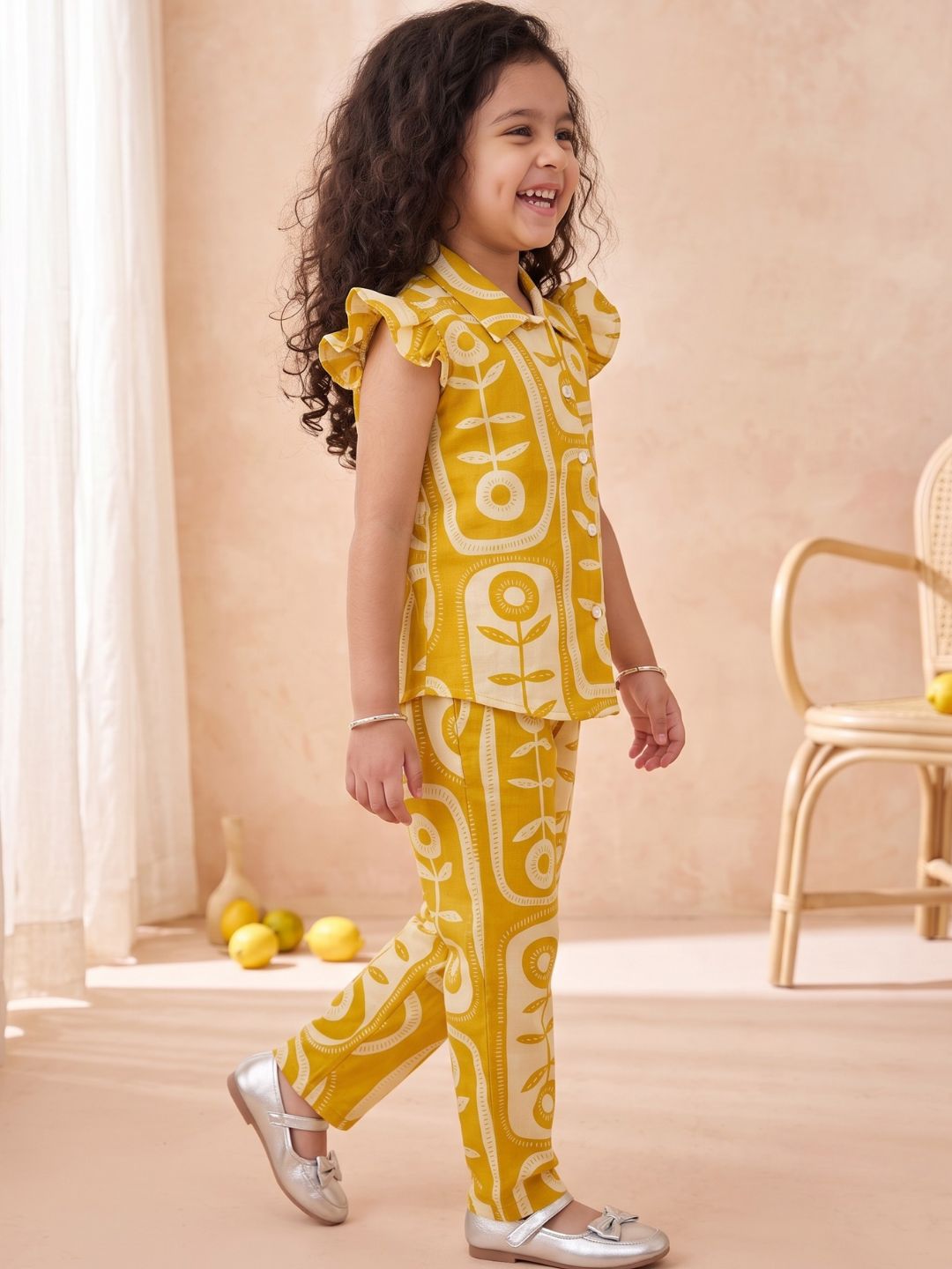 Mustard Yellow Cotton Sleeveless Big Floral Print Girls Co-Ords