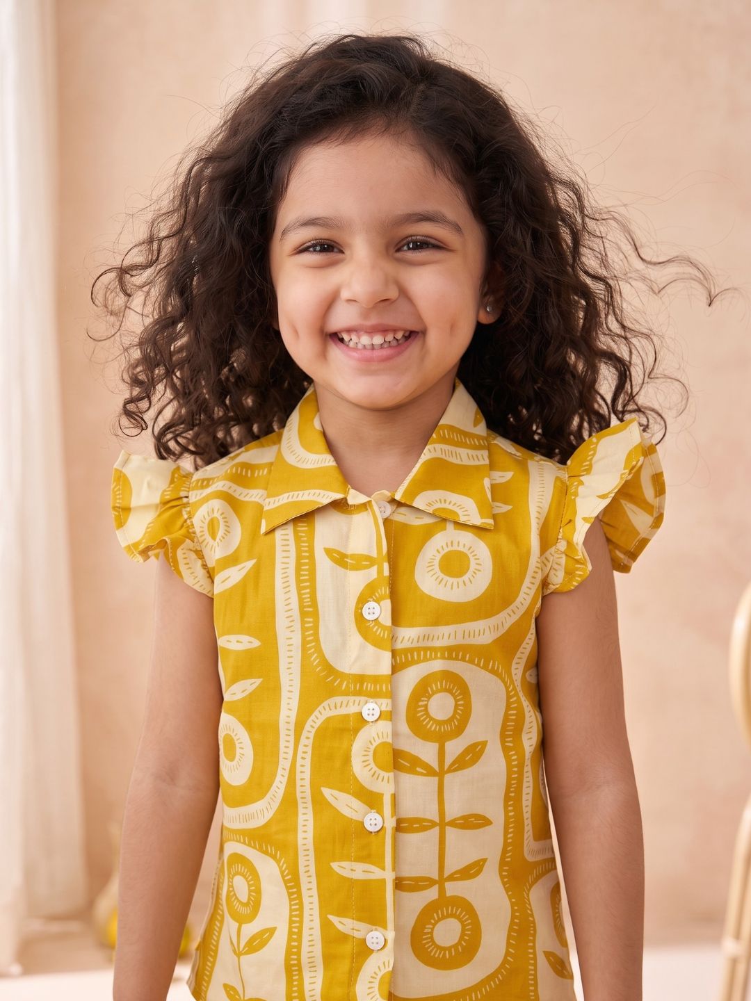 Mustard Yellow Cotton Sleeveless Big Floral Print Girls Co-Ords