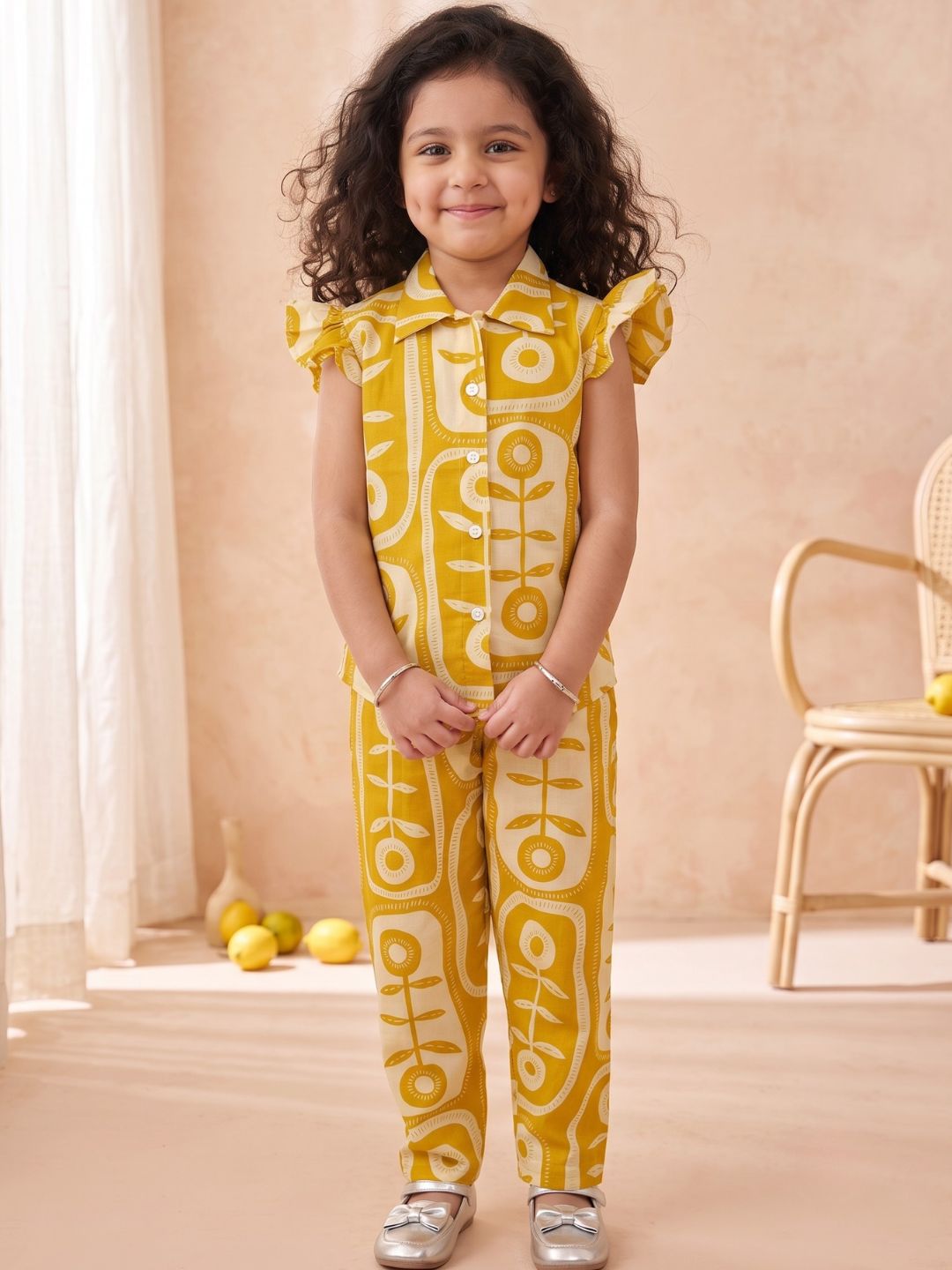 Mustard Yellow Cotton Sleeveless Big Floral Print Girls Co-Ords