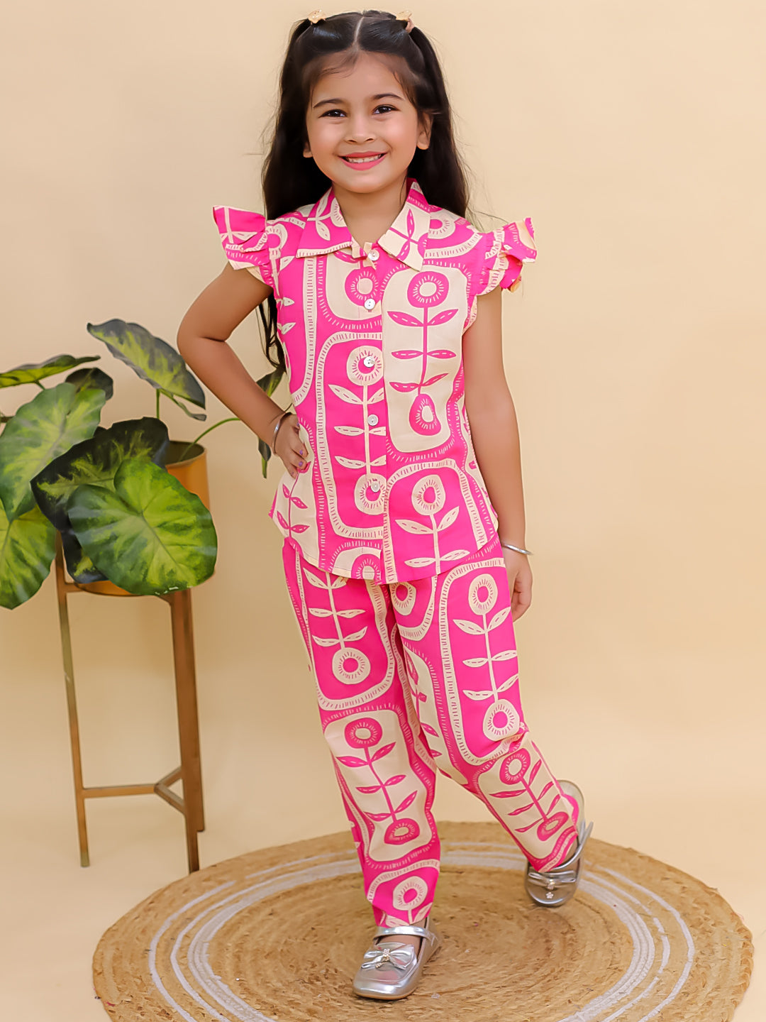 Pink Cotton Sleeveless Big Floral Print Girls Co-Ords - AJ Dezines
