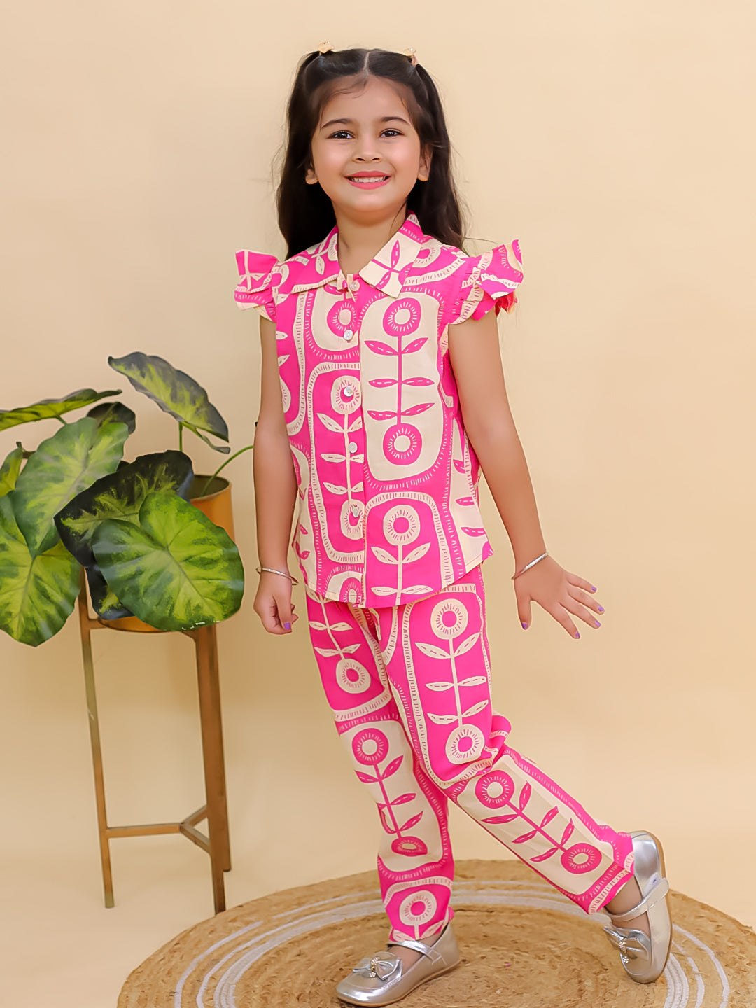 Pink Cotton Sleeveless Big Floral Print Girls Co-Ords - AJ Dezines