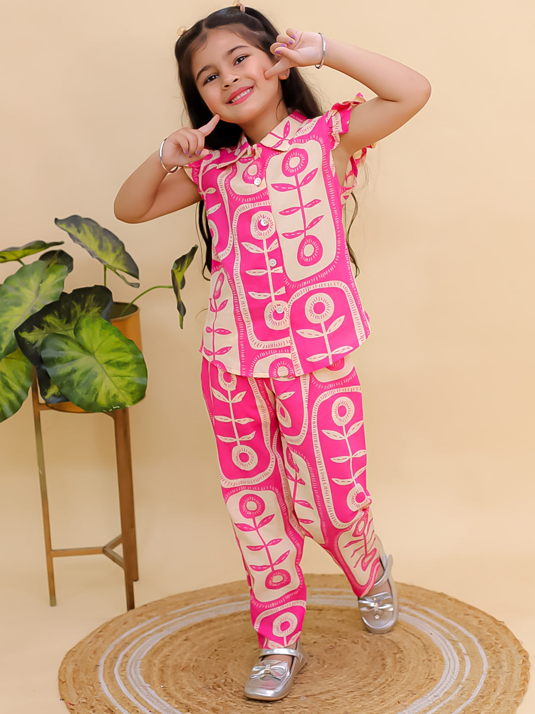 Pink Cotton Sleeveless Big Floral Print Girls Co-Ords - AJ Dezines