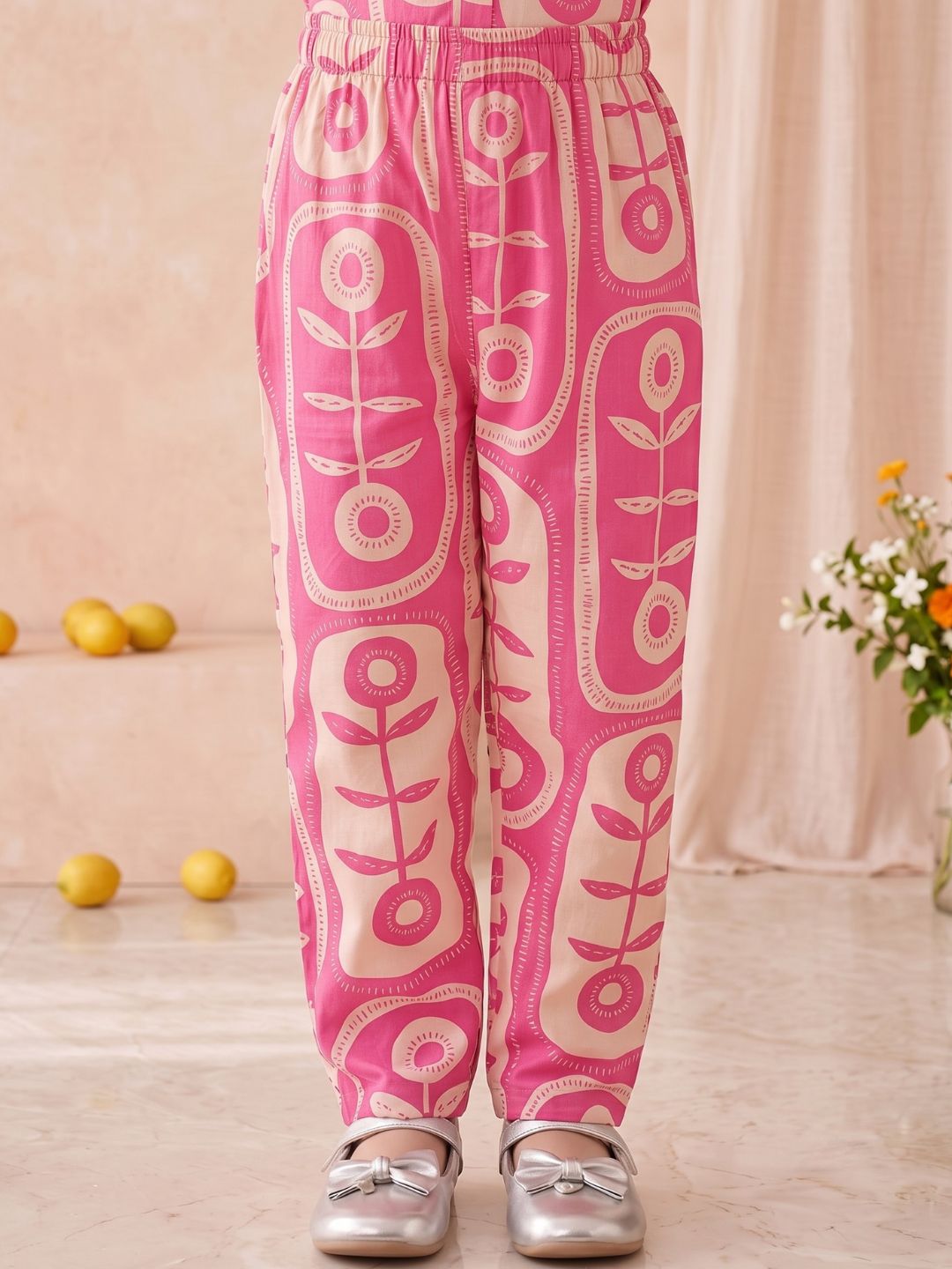 Pink Cotton Sleeveless Big Floral Print Girls Co-Ords