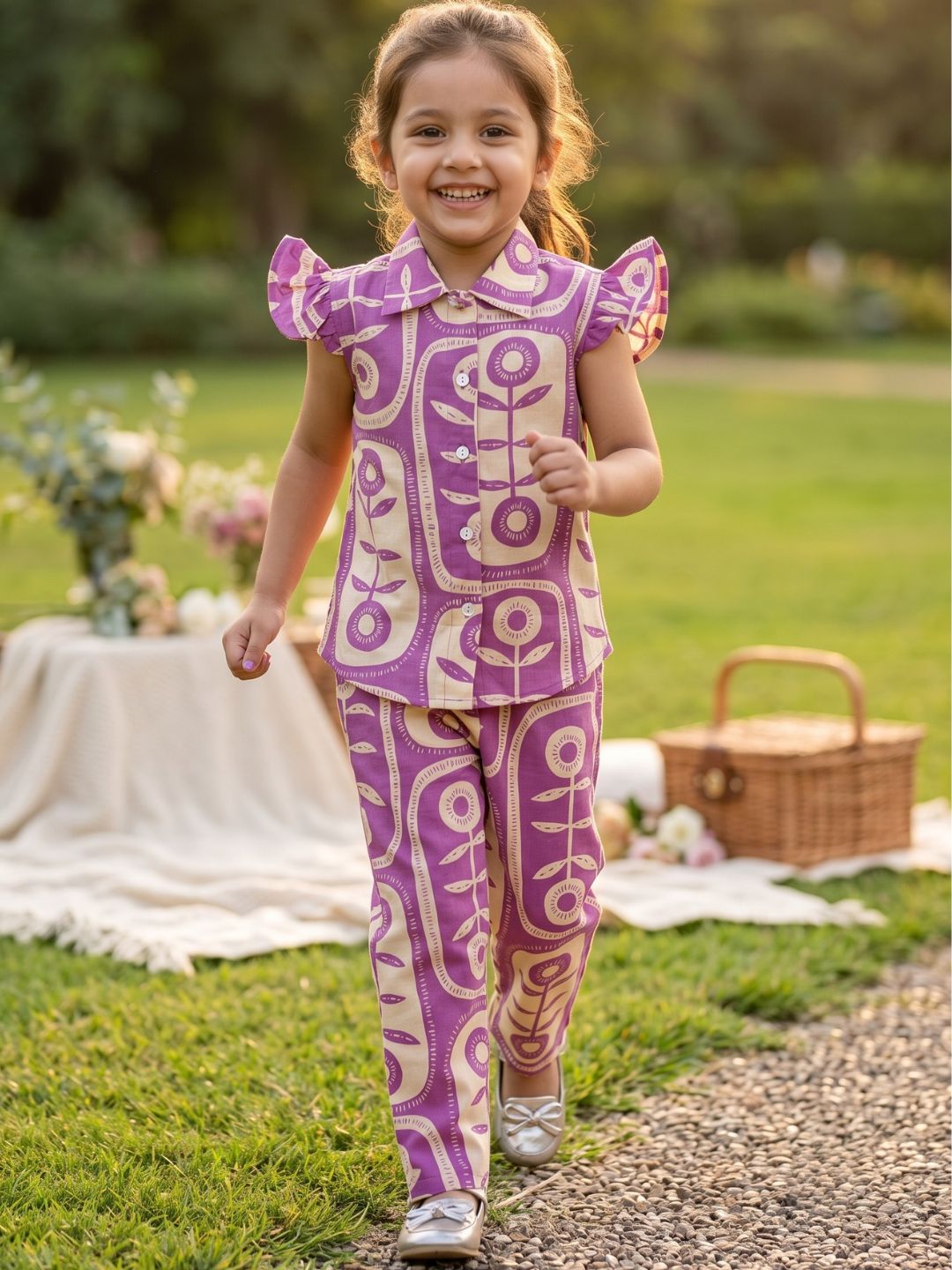 Purple Cotton Sleeveless Big Floral Print Girls Co-Ords