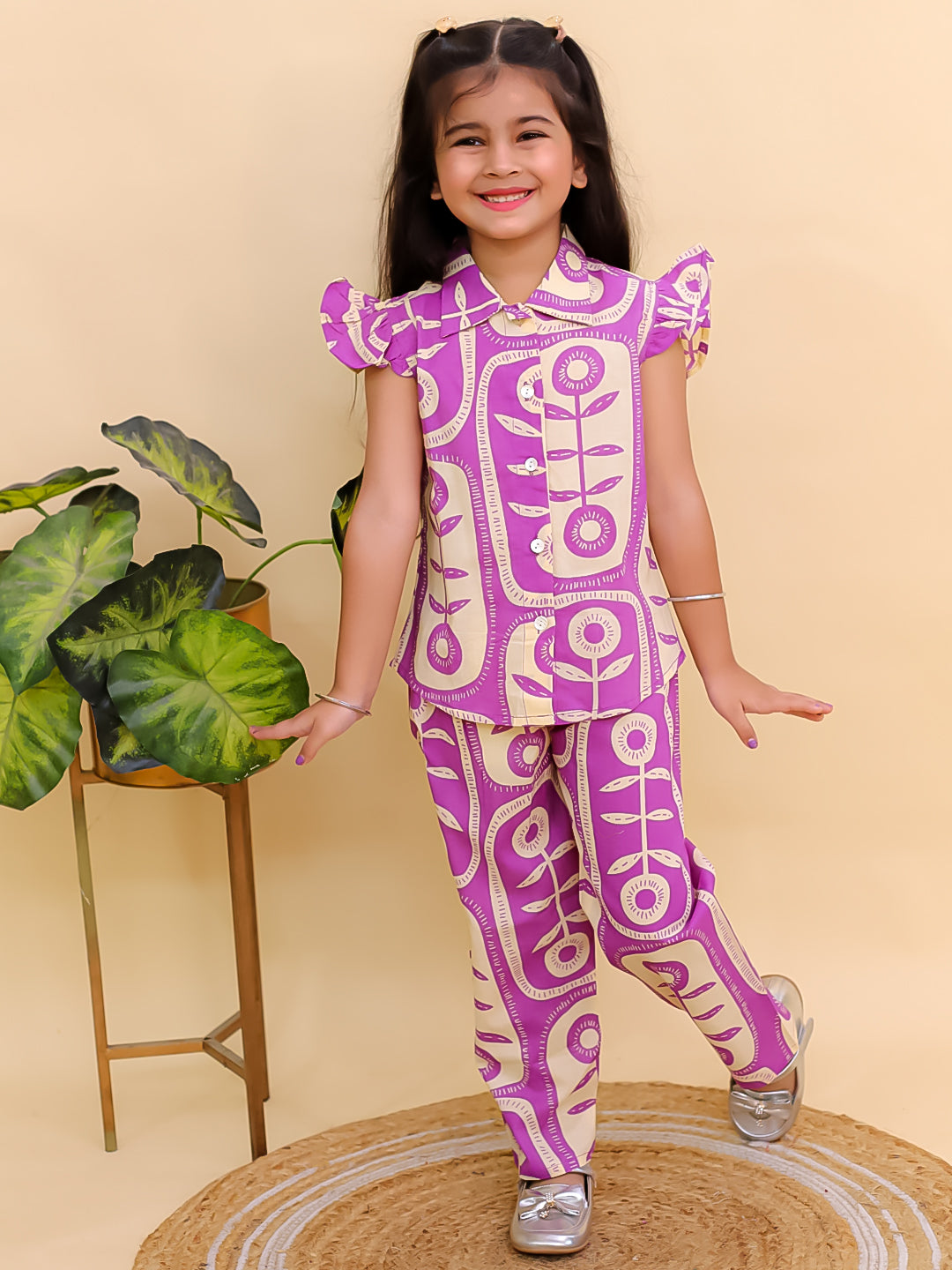 Purple Cotton Sleeveless Big Floral Print Girls Co-Ords - AJ Dezines