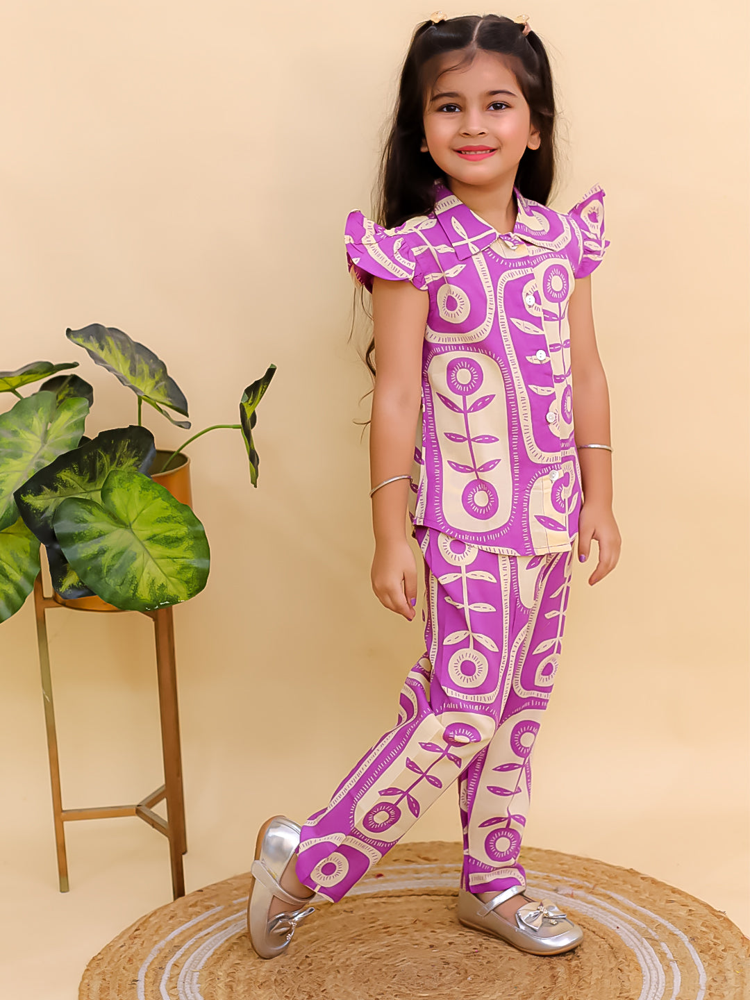 Purple Cotton Sleeveless Big Floral Print Girls Co-Ords - AJ Dezines
