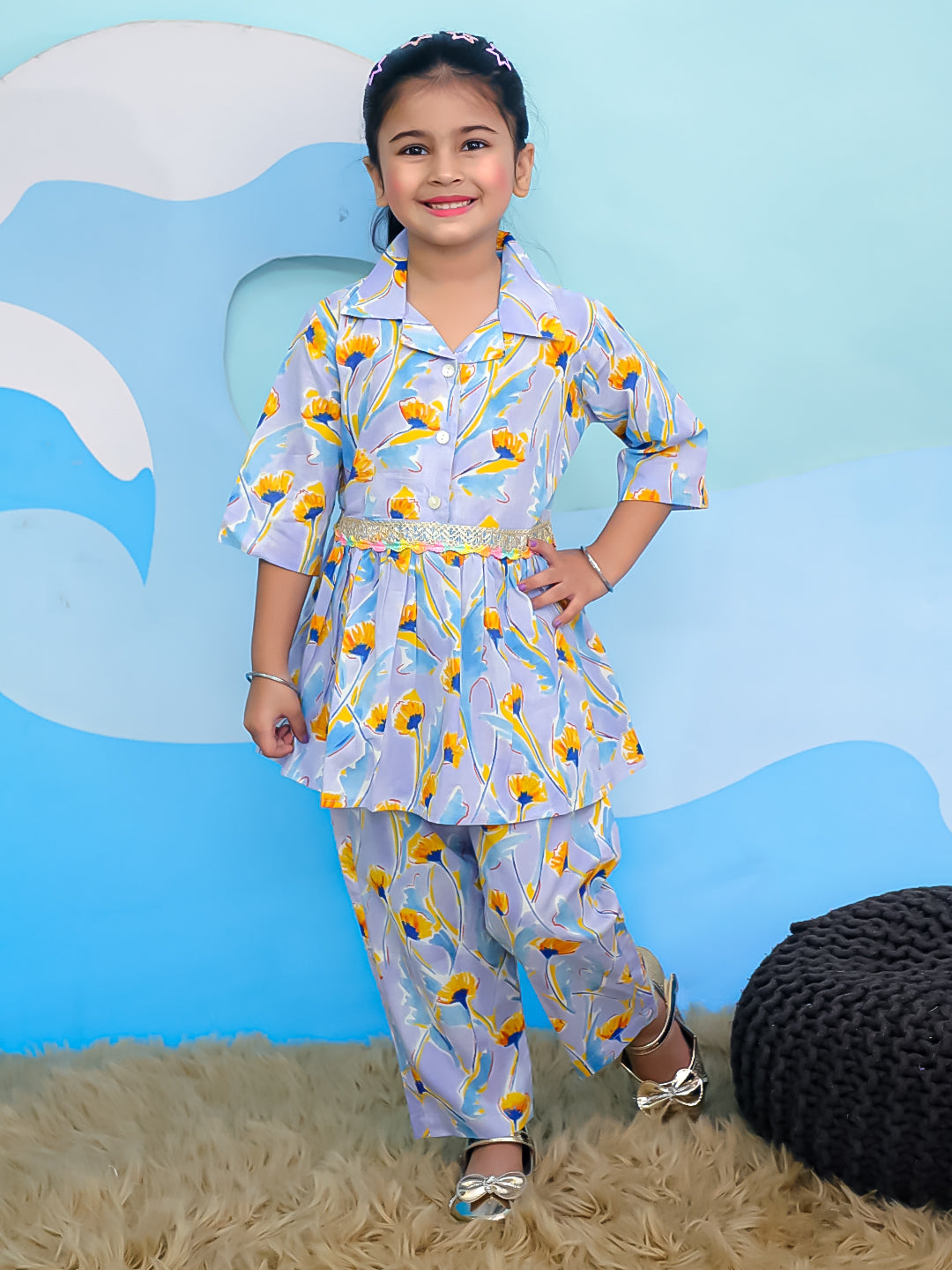 Blue Cotton 3/4th Sleeves Floral Print Girls Co-Ords - AJ Dezines