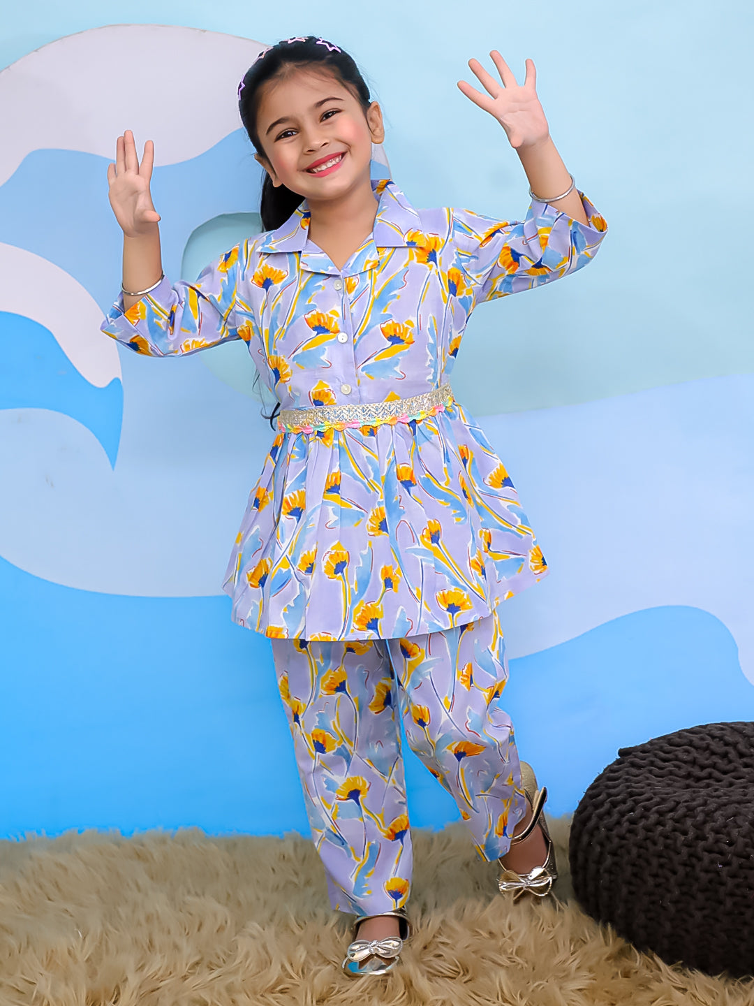 Blue Cotton 3/4th Sleeves Floral Print Girls Co-Ords - AJ Dezines
