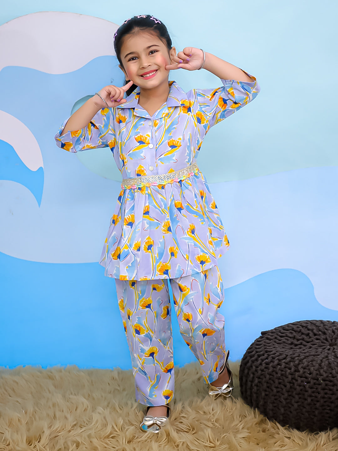 Blue Cotton 3/4th Sleeves Floral Print Girls Co-Ords - AJ Dezines