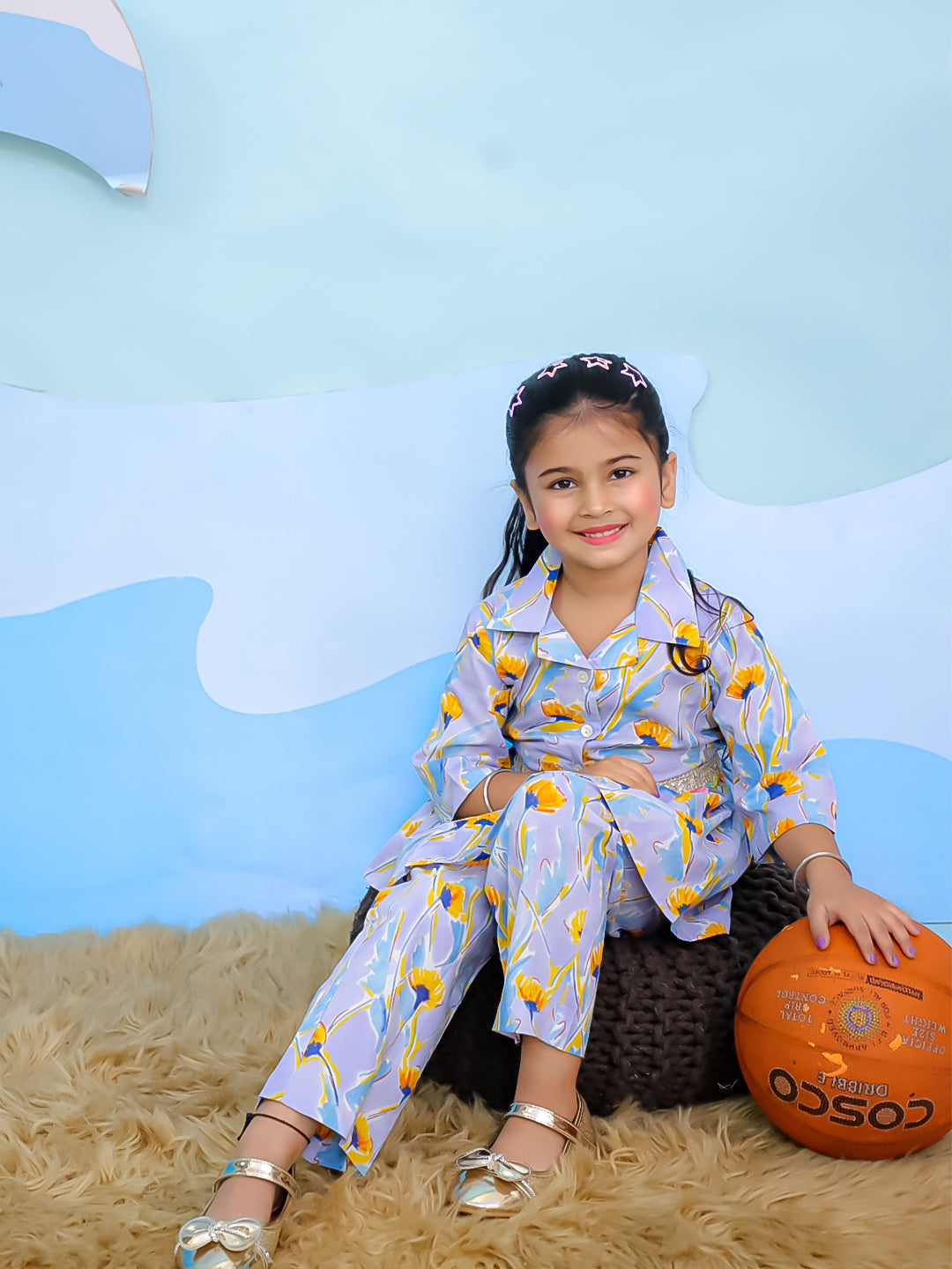 Blue Cotton 3/4th Sleeves Floral Print Girls Co-Ords - AJ Dezines