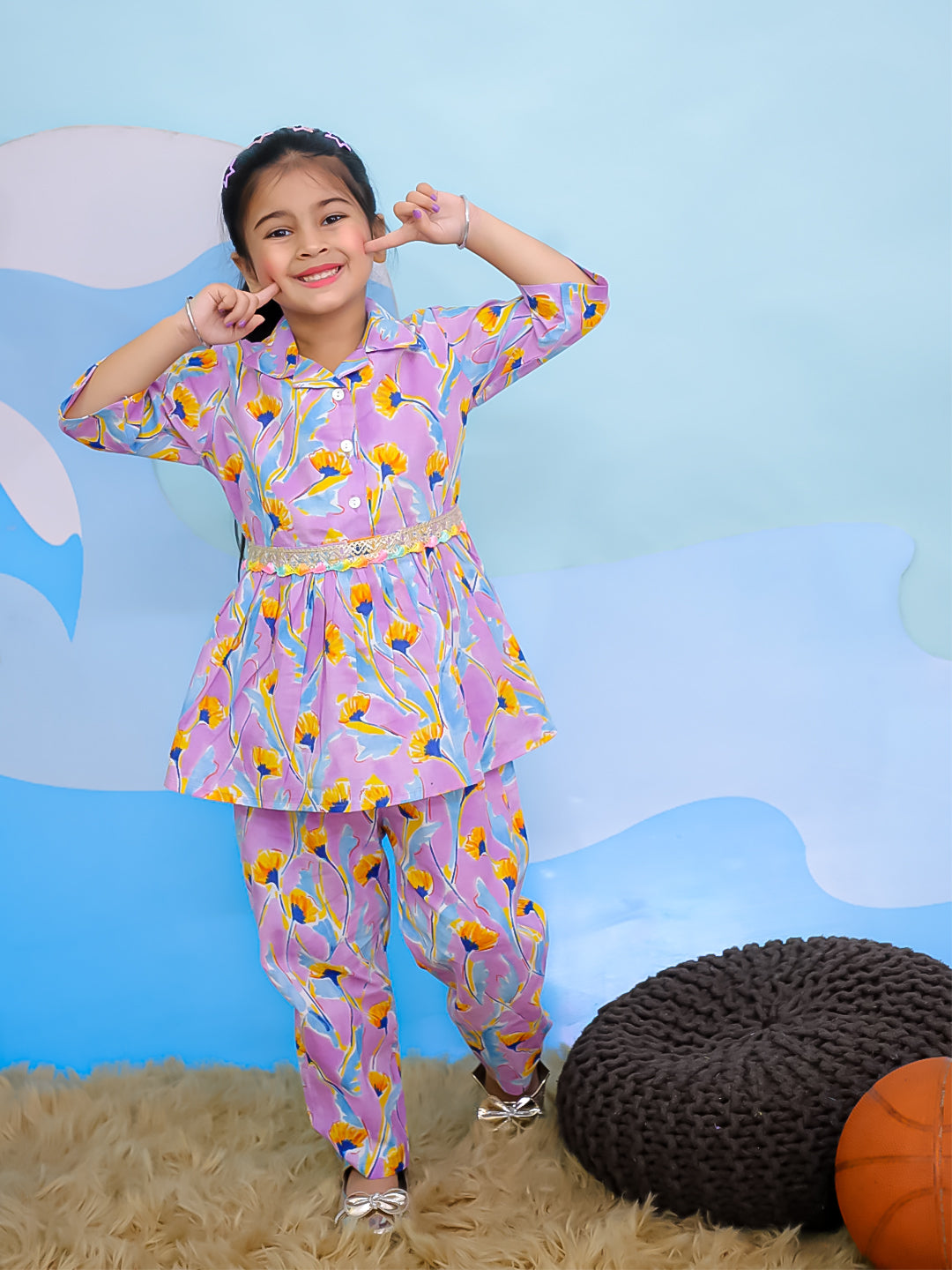 Pink Cotton 3/4th Sleeves Floral Print Girls Co-Ords - AJ Dezines