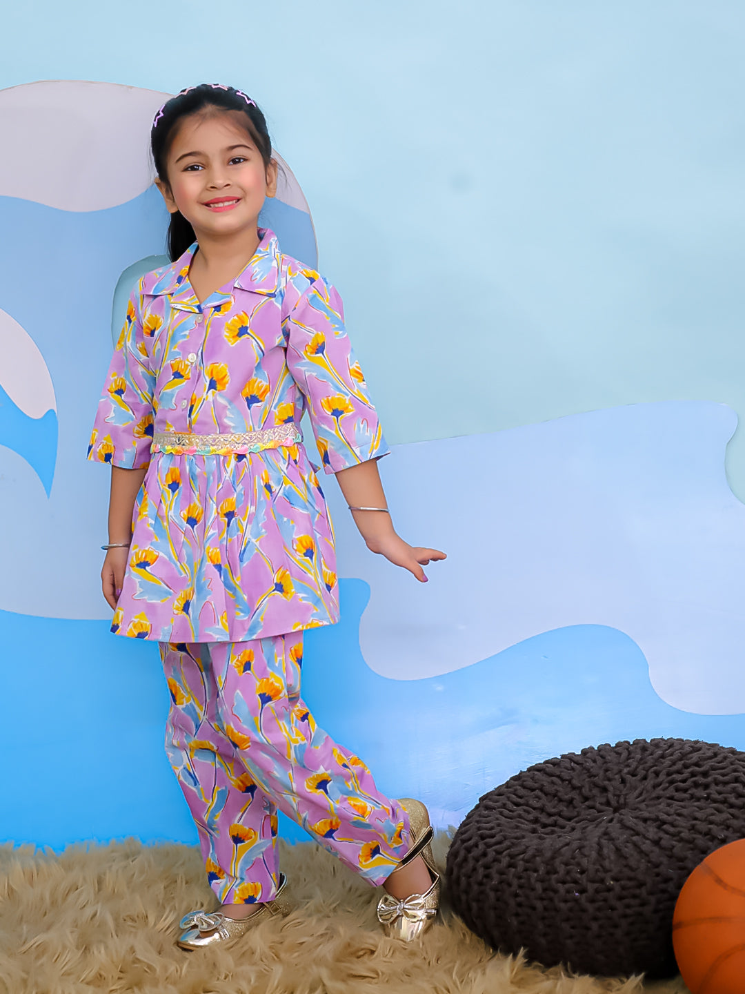 Pink Cotton 3/4th Sleeves Floral Print Girls Co-Ords - AJ Dezines