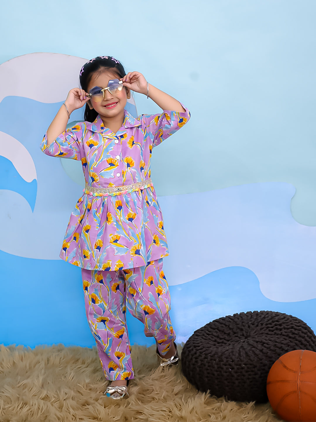 Pink Cotton 3/4th Sleeves Floral Print Girls Co-Ords - AJ Dezines
