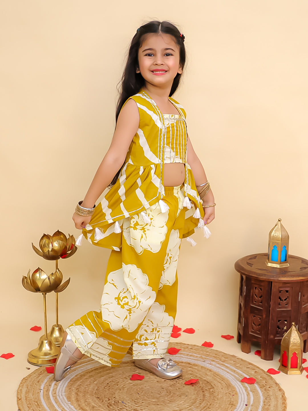 Mustard Cotton Sleeveless Floral Printed Girls Co-Ords with Gotta Work - AJ Dezines
