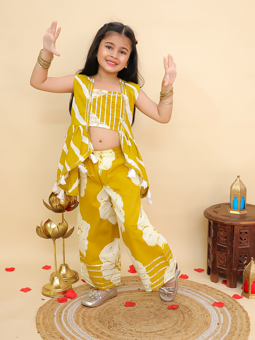 Mustard Cotton Sleeveless Floral Printed Girls Co-Ords with Gotta Work - AJ Dezines