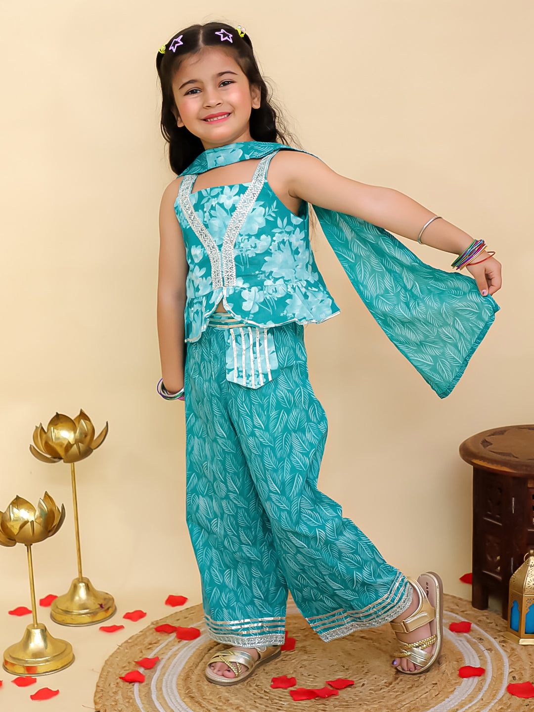 Blue Cotton Sleeveless Floral Printed Girls Co-Ords - AJ Dezines