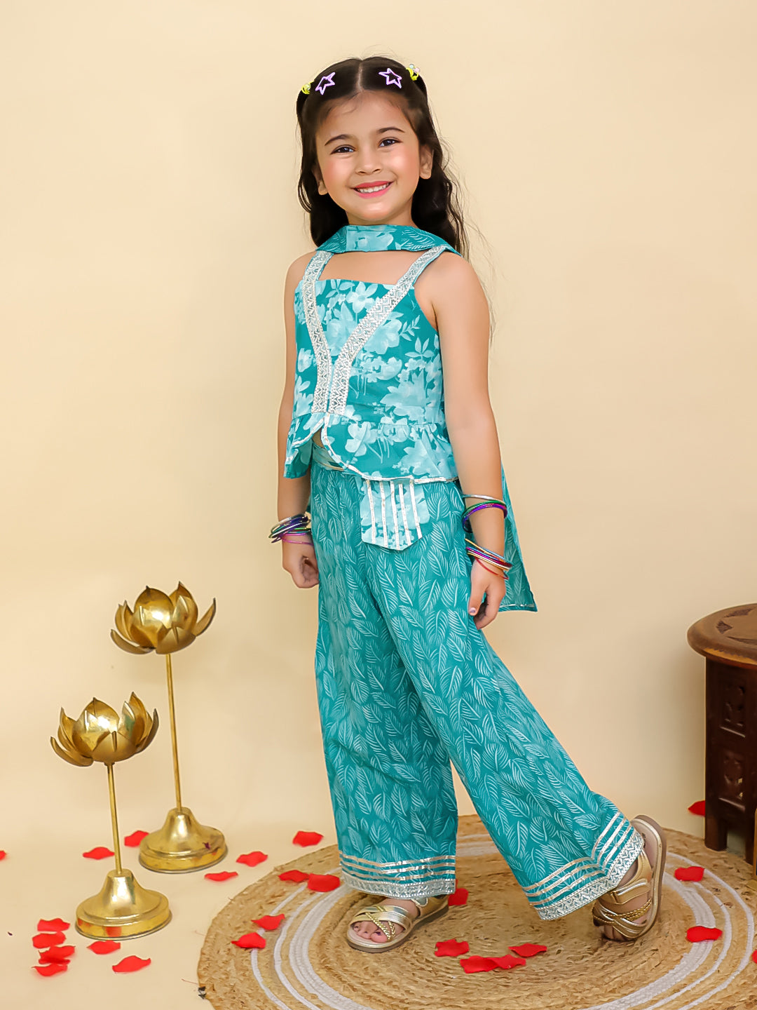 Blue Cotton Sleeveless Floral Printed Girls Co-Ords - AJ Dezines
