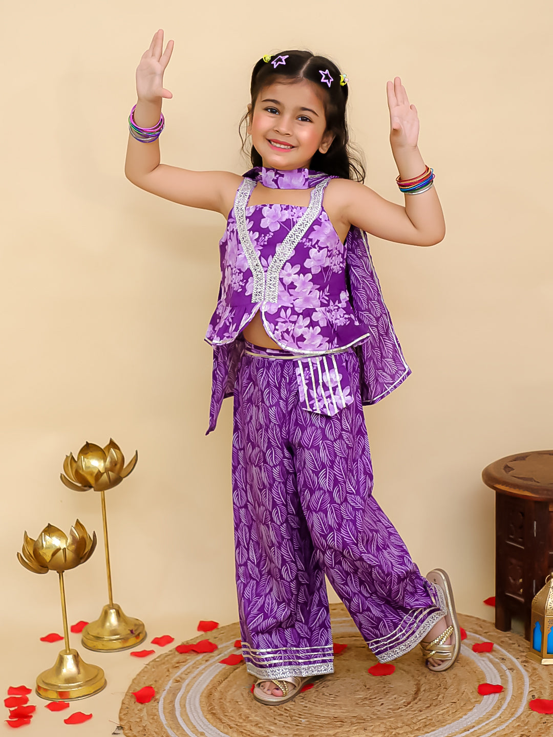 Purple Cotton Sleeveless Floral Printed Girls Co-Ords