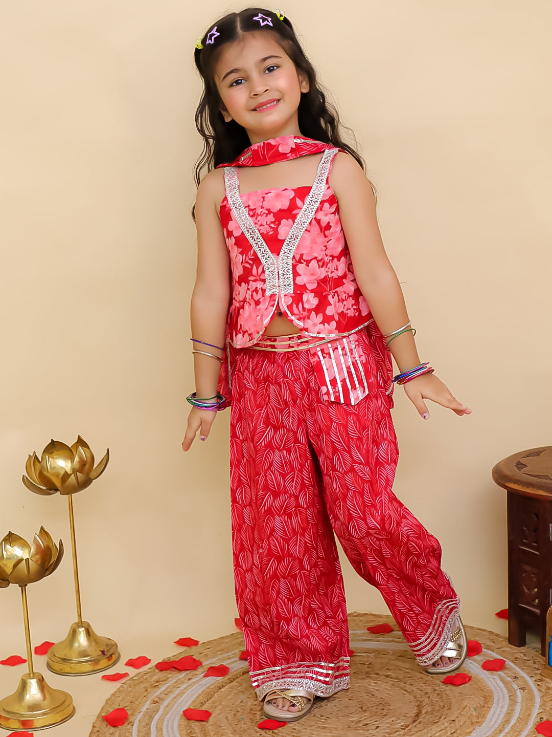 Red Cotton Sleeveless Floral Printed Girls Co-Ords - AJ Dezines