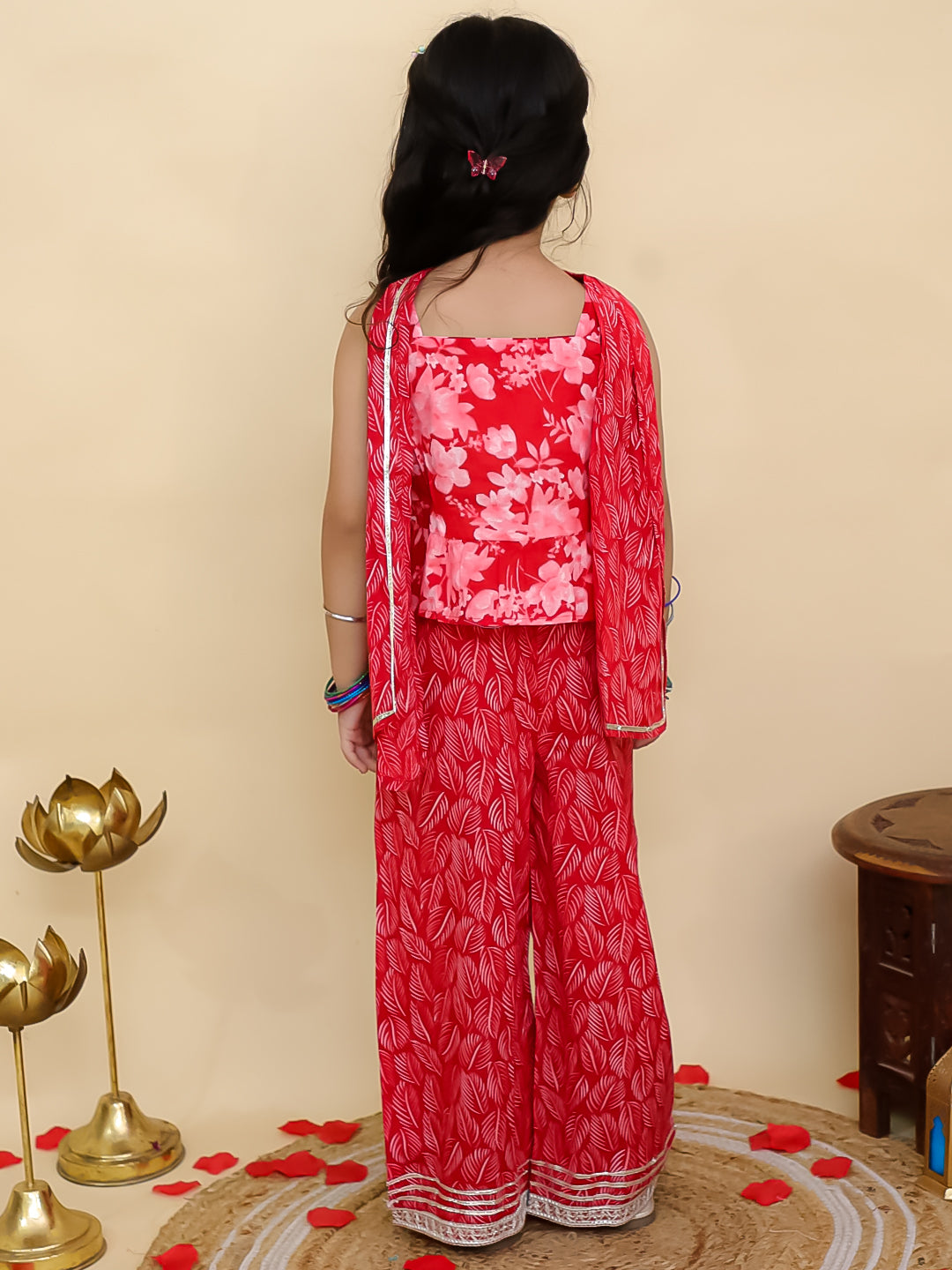 Red Cotton Sleeveless Floral Printed Girls Co-Ords - AJ Dezines