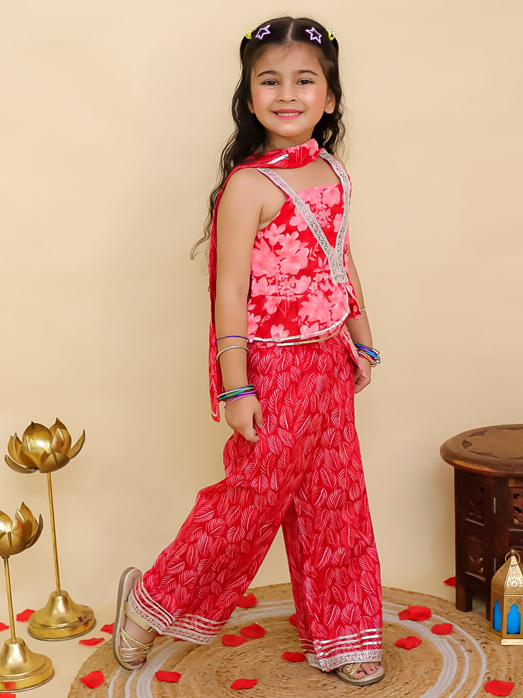 Red Cotton Sleeveless Floral Printed Girls Co-Ords - AJ Dezines
