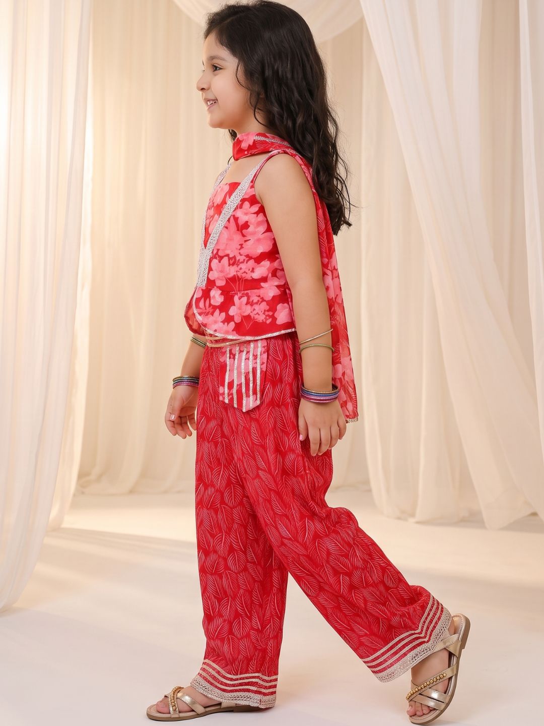 Red Cotton Sleeveless Floral Printed Girls Co-Ords