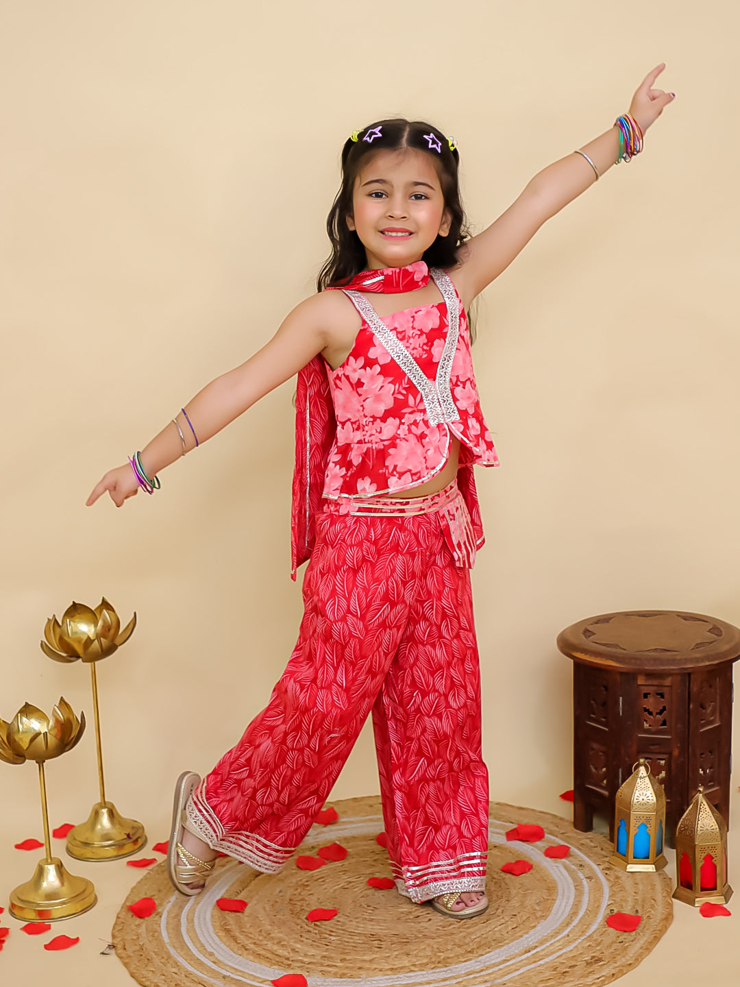 Red Cotton Sleeveless Floral Printed Girls Co-Ords - AJ Dezines
