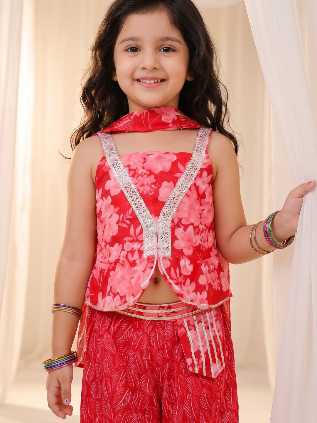 Red Cotton Sleeveless Floral Printed Girls Co-Ords